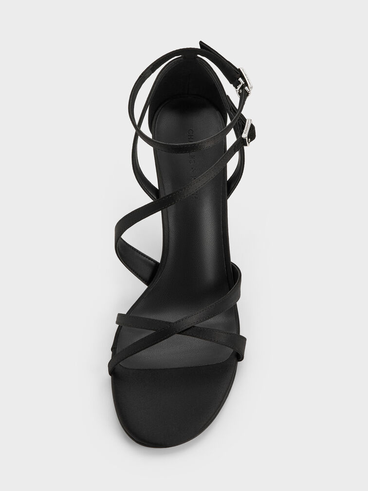 Satin Asymmetric Strappy Heeled Sandals, Black Textured, hi-res