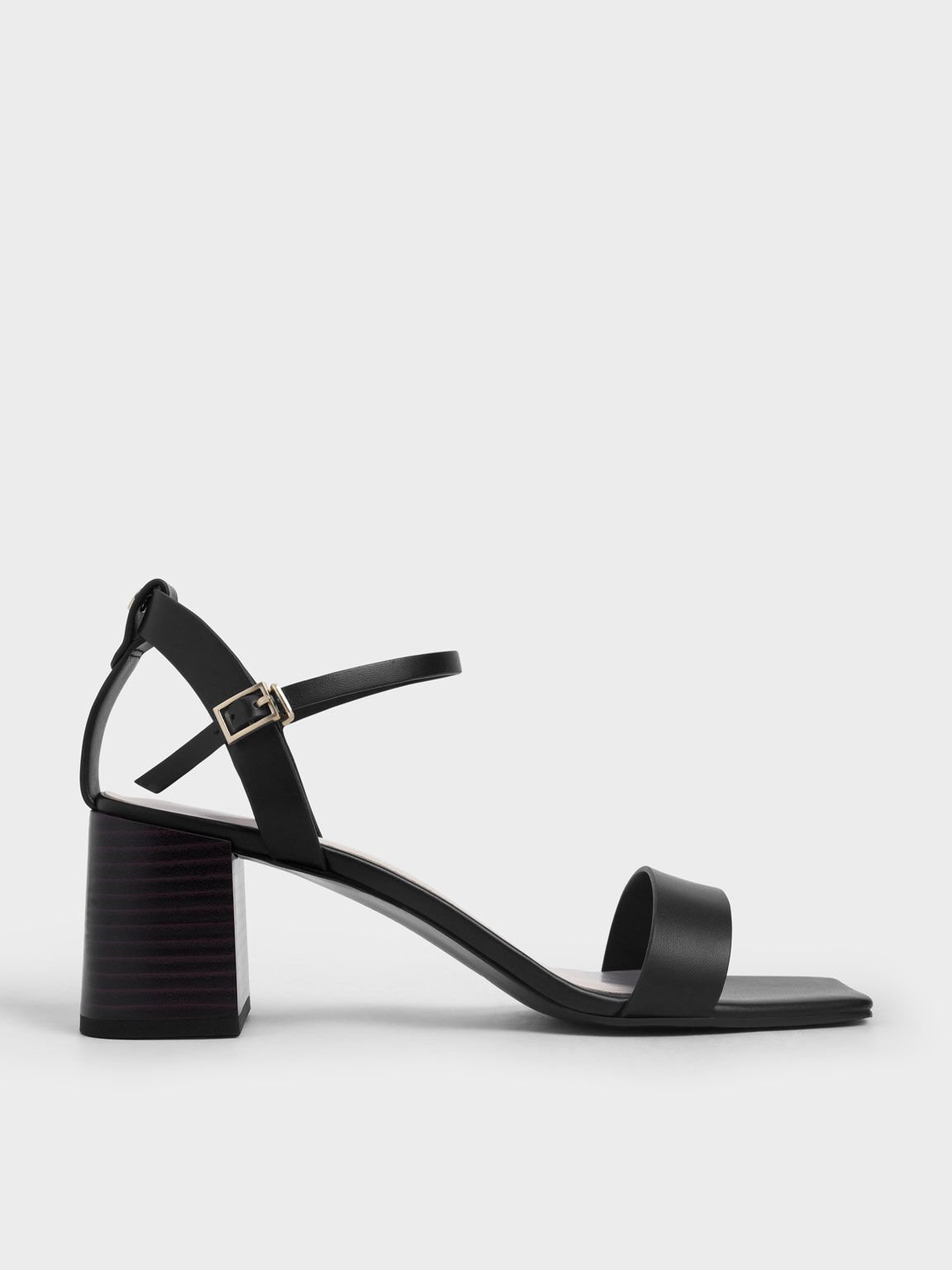 Ankle Strap Stacked Heel Sandals, Black, hi-res