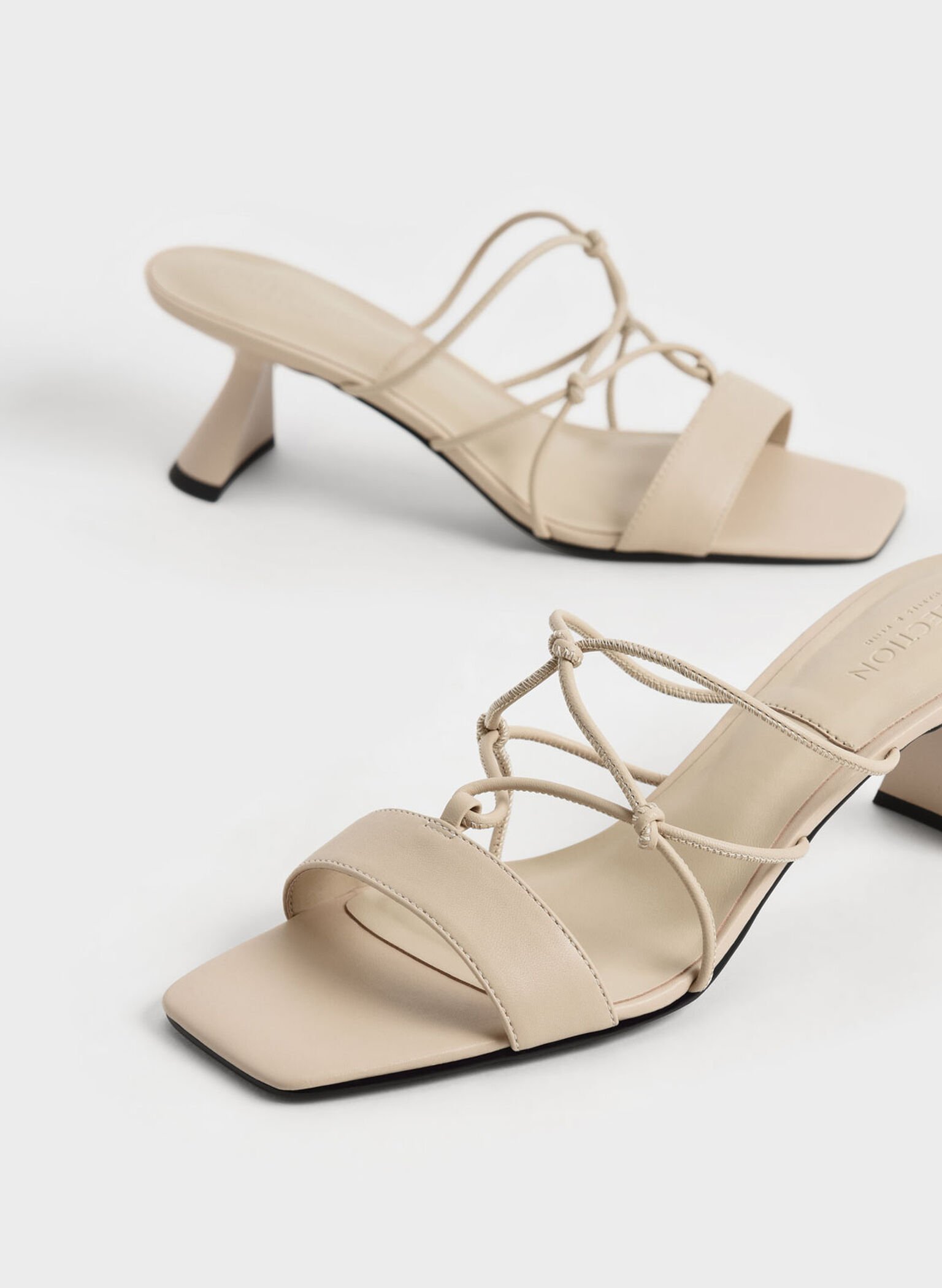Beige Strappy Leather Sculptural Heel Sandals - CHARLES & KEITH MY