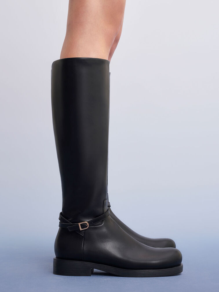 Belted Knee-High Boots, Black, hi-res