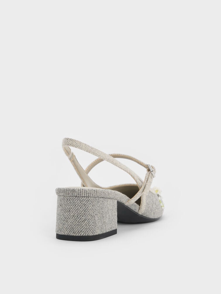 Twill Bead-Flower Block-Heel Slingback Mary Jane Pumps, Grey, hi-res