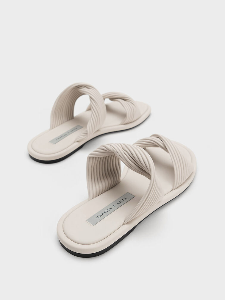 Pleated Twist Strap Slides, Chalk, hi-res