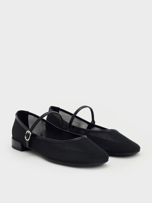 Gertrude Mesh Mary Jane Flats, Black Textured, hi-res