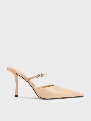 Tapered Square-Toe Heeled Mules, Sand, hi-res