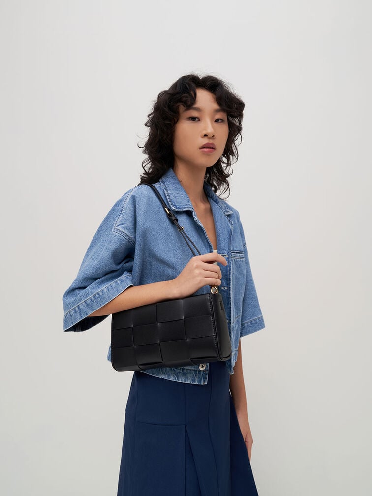Woven Chain-Handle Bag, Black, hi-res