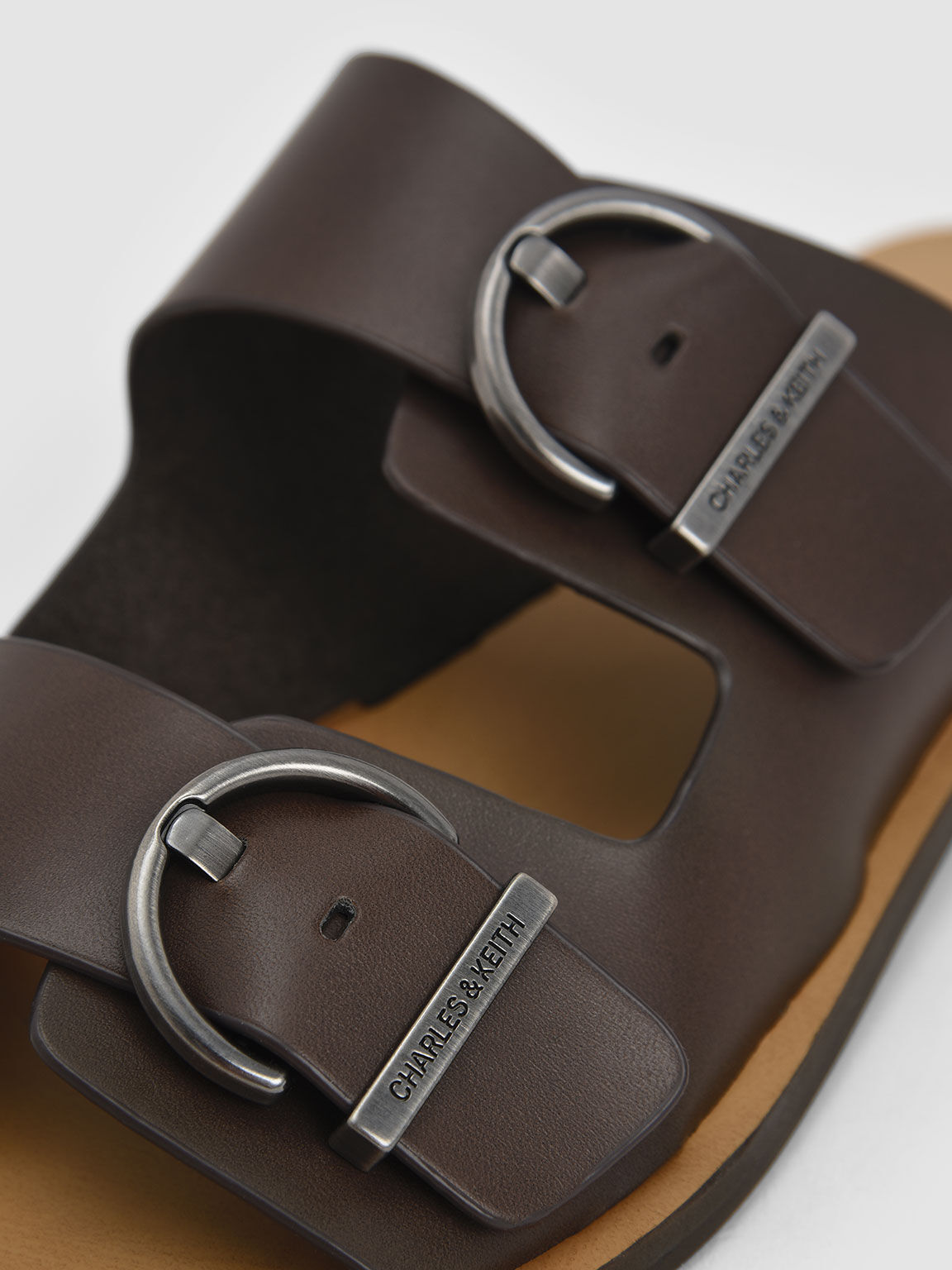 Double Buckle Strap Slide Sandals, Dark Brown, hi-res