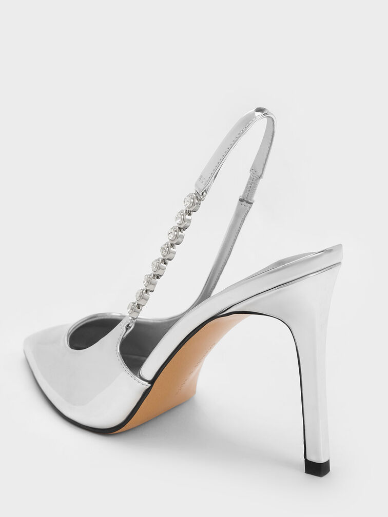 Gem-Strap Metallic Slingback Pumps, Silver, hi-res