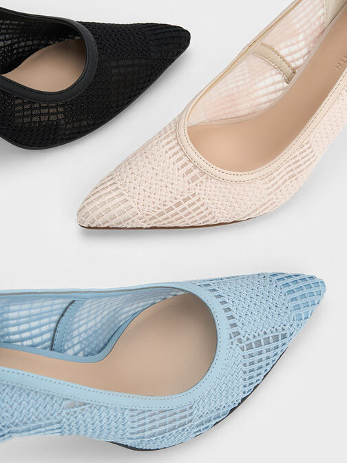 Mesh Woven Pointed-Toe Pumps, Cream, hi-res