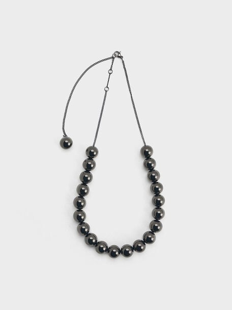 Metallic Beaded Necklace, Black, hi-res