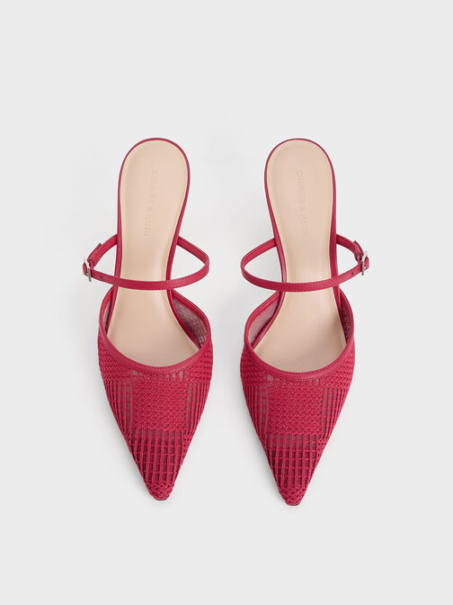 Mesh Woven Heeled Mules, Red, hi-res