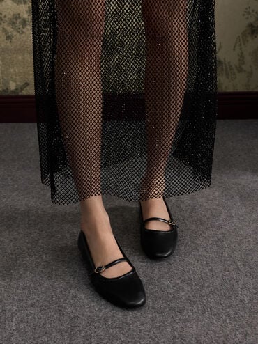 Contrast-Trim Buckle-Strap Mary Janes, Black, hi-res