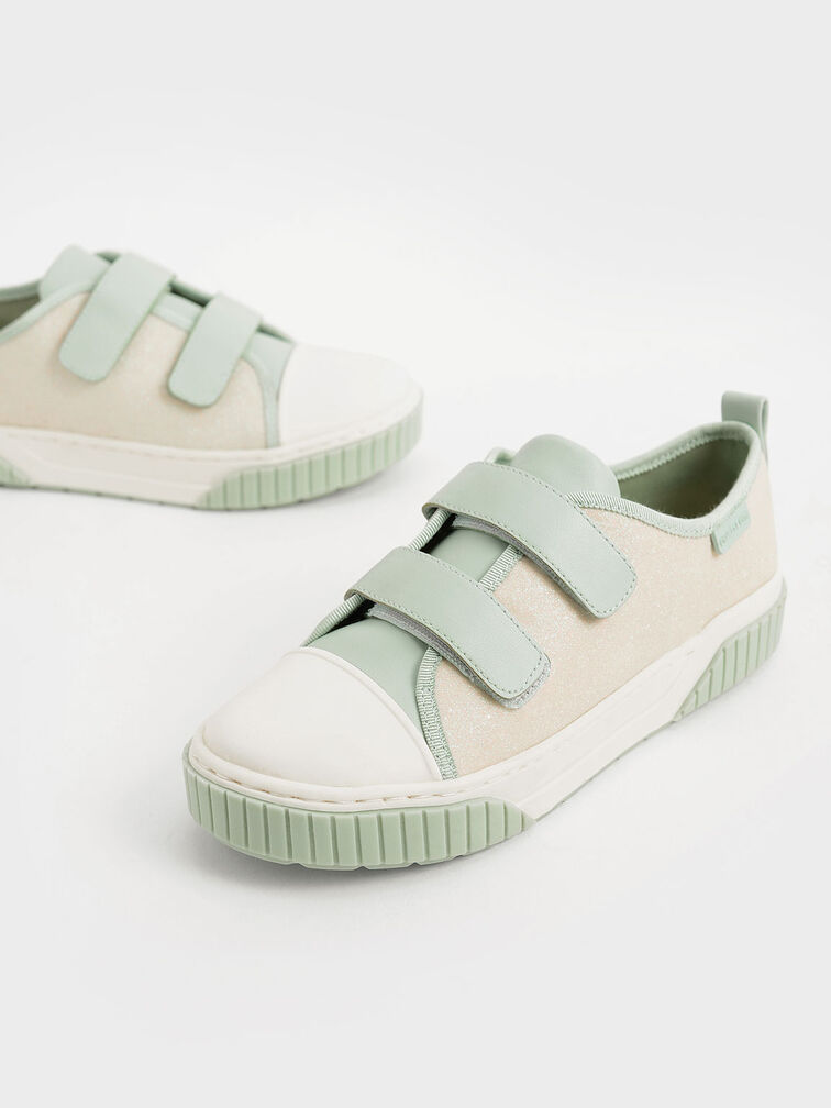 Girls' Velcro Strap Glitter Sneakers, Mint Green, hi-res