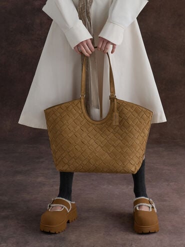 Ivette Recycled Suede Woven Tote Bag, Sahara Sand, hi-res