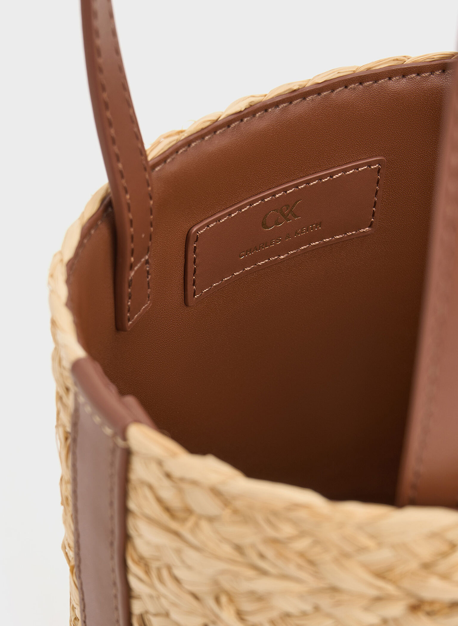 Leather & Raffia Bucket Bag, Brown, hi-res