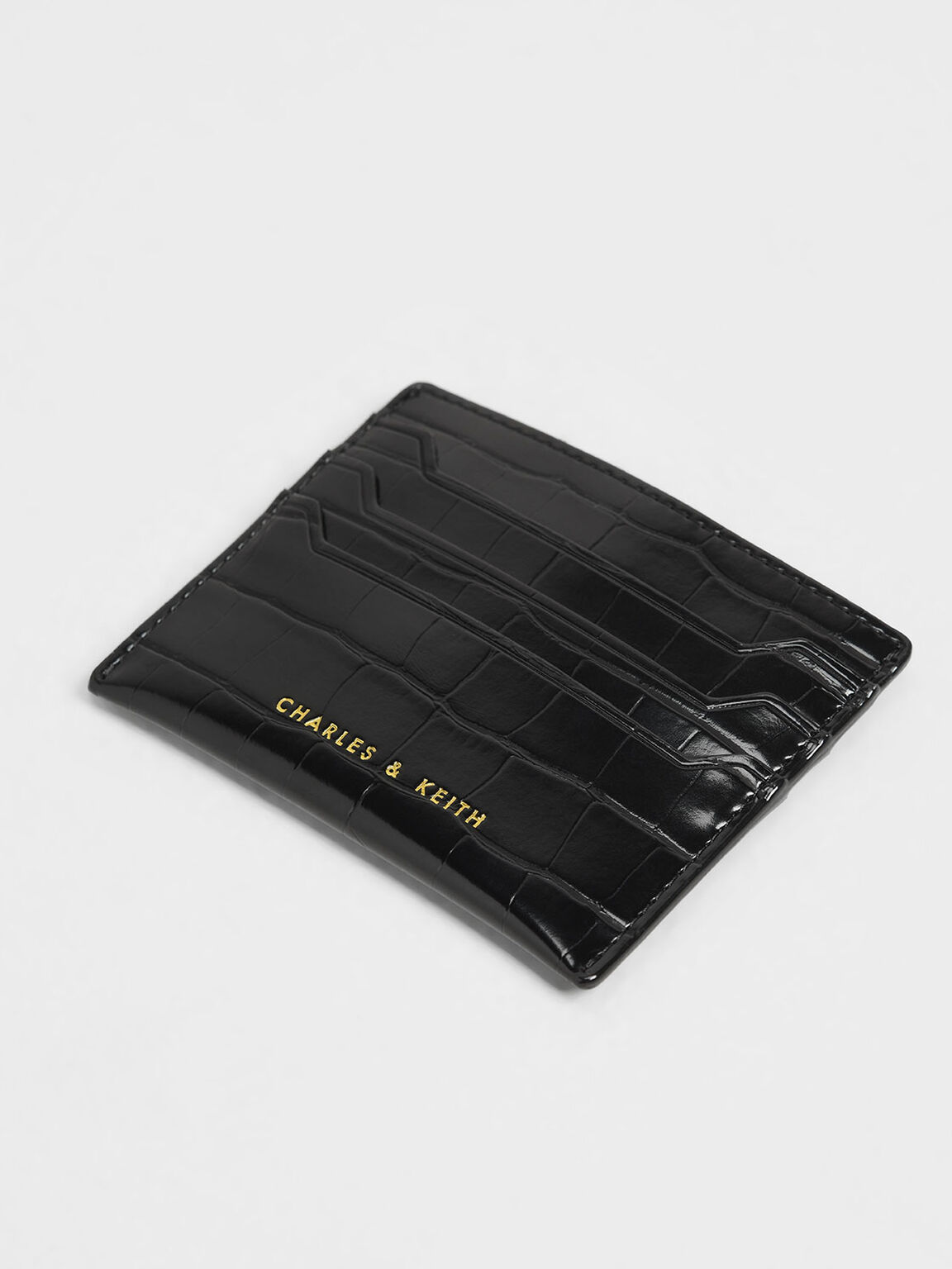 Croc-Effect Card Holder, Black, hi-res