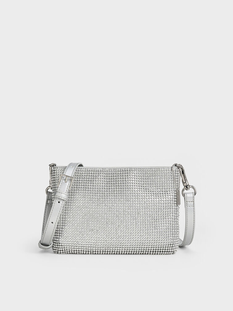 Bolso con asa de cadena adornado con cristales, Plateado, hi-res