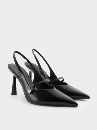 Zapatos de salón Helena con punta en punta y hebilla de perla, Negro pulido, hi-res