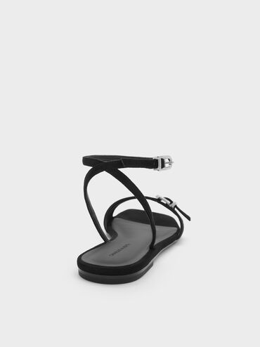 Faux Suede Crystal-Buckle Ankle-Strap Sandals, Black Textured, hi-res