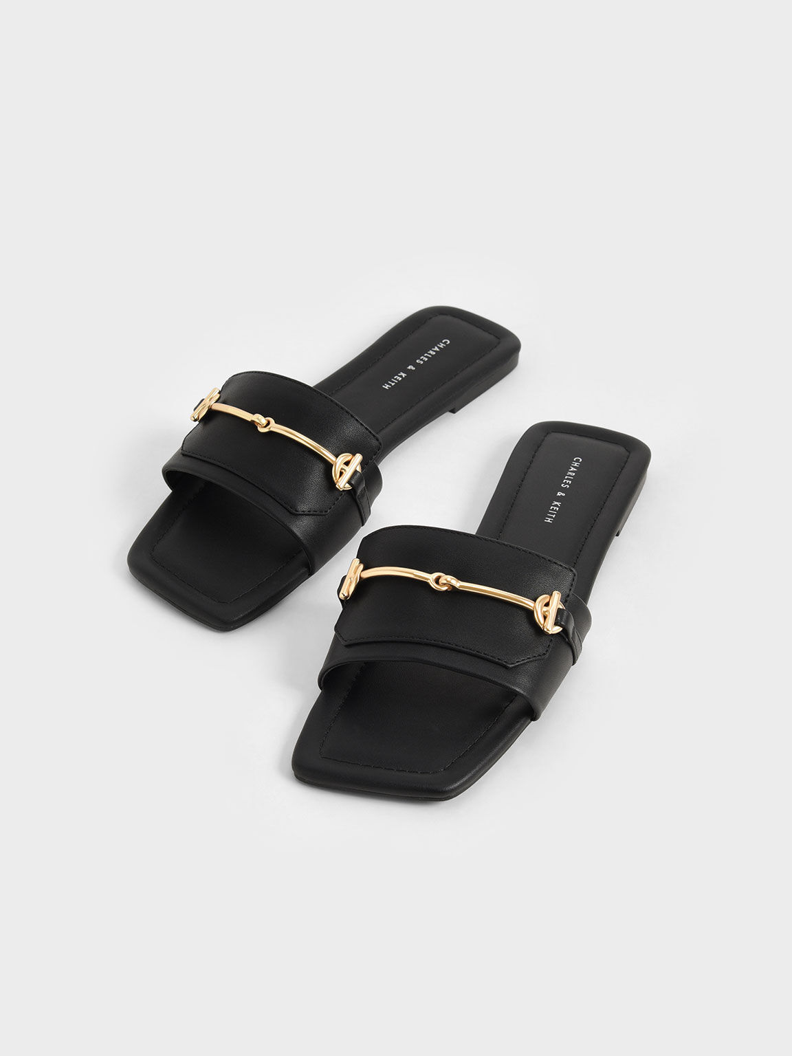 Metallic Accent Slide Sandals, Black, hi-res