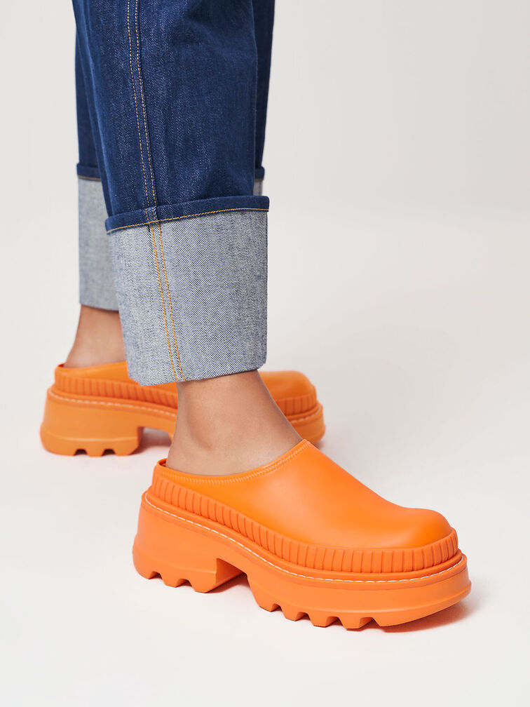 Chunky Round Toe Mules, Orange, hi-res