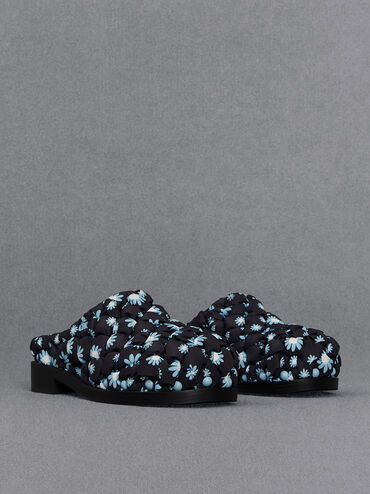 Nylon Puffy Floral-Print Clogs, Multi, hi-res