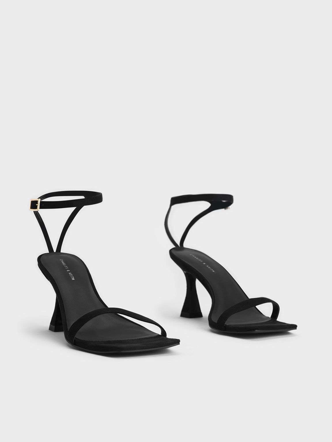 Black Textured Ankle-Strap Heeled Sandals - CHARLES & KEITH KH