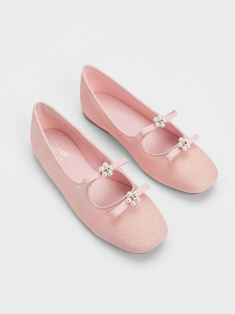 Girls' Floral Beaded Glittered Ballerinas, Light Pink, hi-res