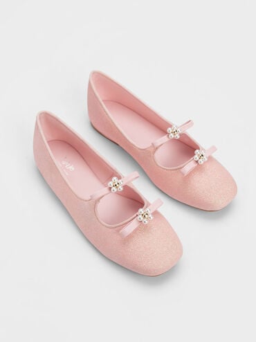 兒童珍珠小花平底鞋, 淺粉色, hi-res