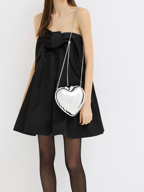 Bolso de mano metálico tipo corazón, Plateado, hi-res