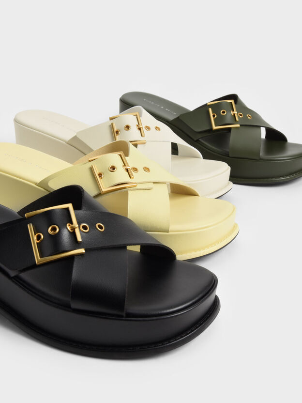 Buckled Crossover Curved Platform Sandals, Black, hi-res