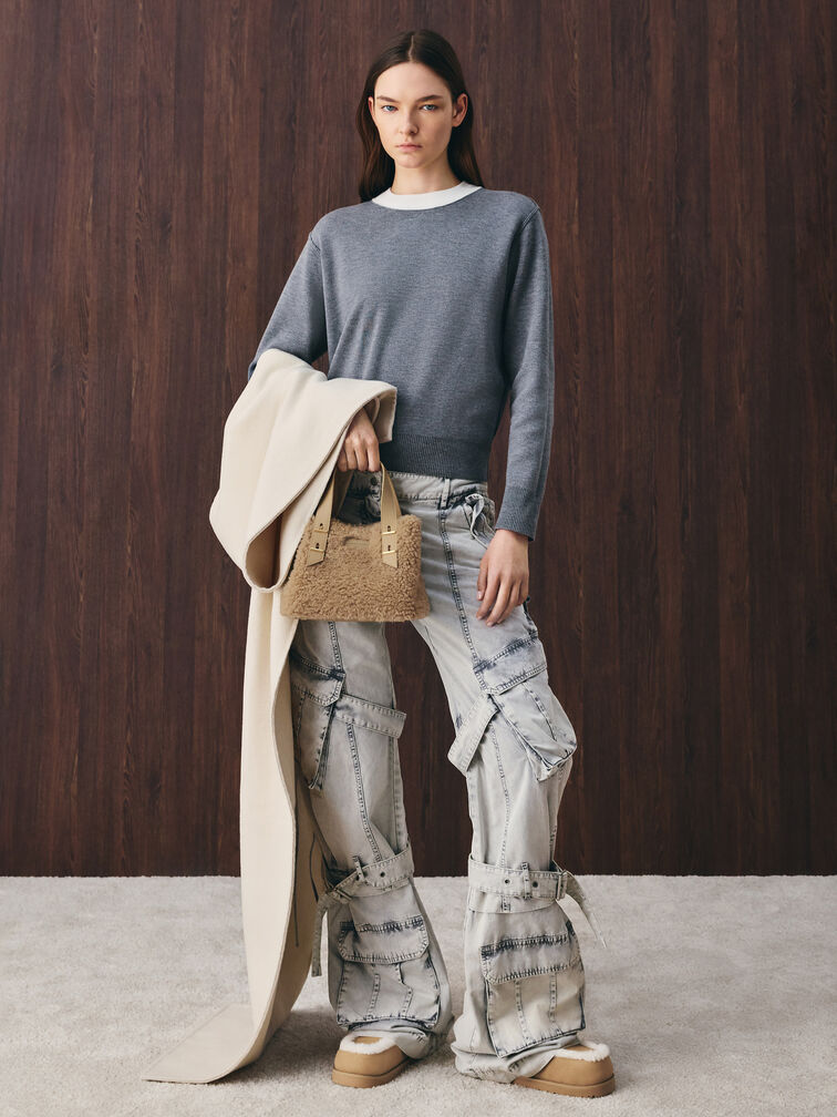 미니 샤니아 인조 시어링 더블 핸들 토트백, 넛맥 베이지, hi-res