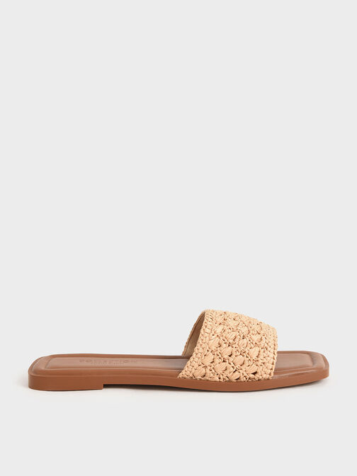 Raffia Slide Sandals, Brown, hi-res