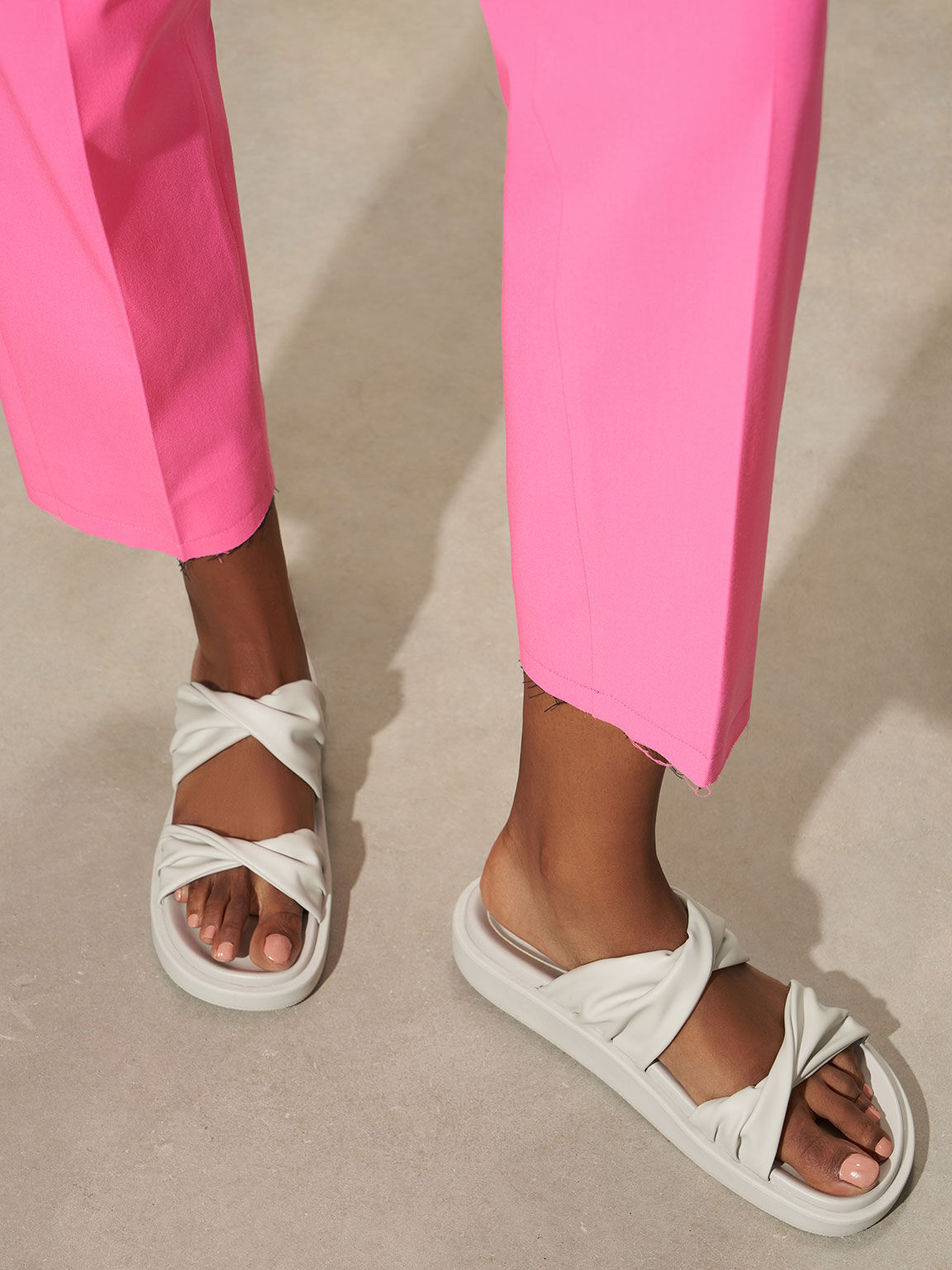 Twist Strap Padded Slide Sandals, White, hi-res