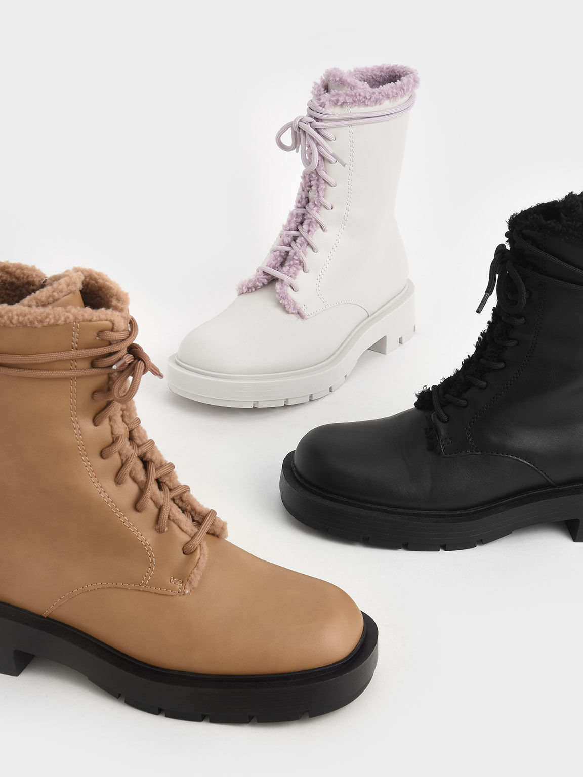 Fur-Trim Lace-Up Ankle Boots, Chalk, hi-res