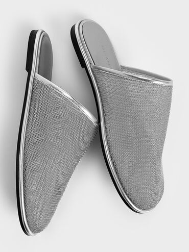 Mules planos de malla con empeine alto, Plateado, hi-res
