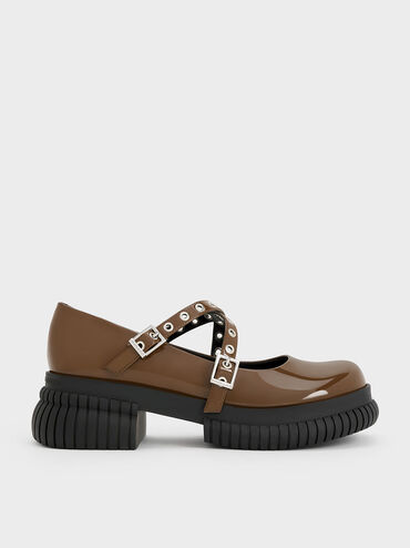 Grommet-Strap Platform Mary Janes, Brown, hi-res