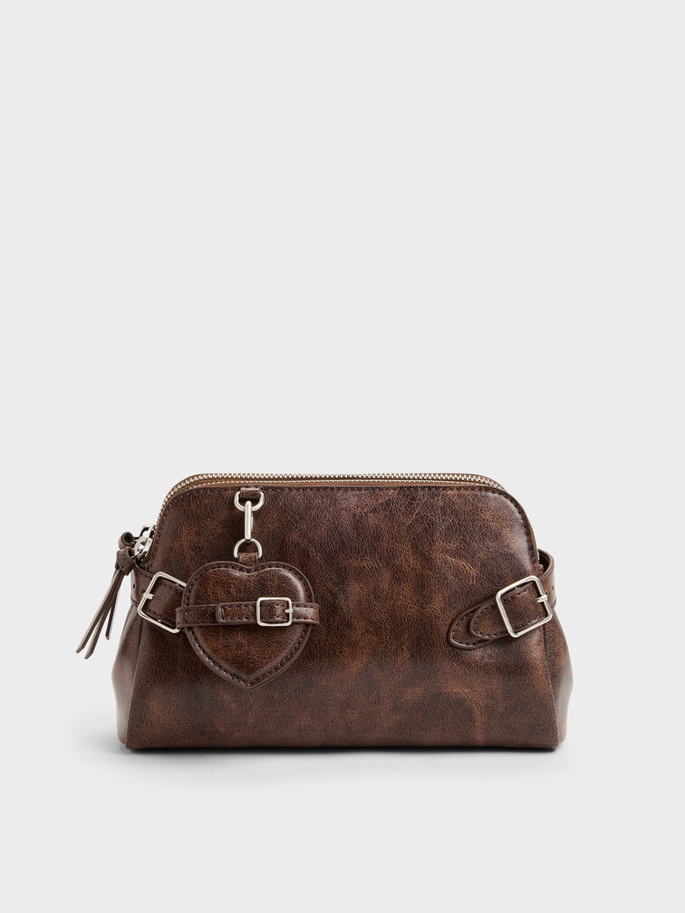 Nellie Heart-Charm Shoulder Bag, Distressed Coffee, hi-res