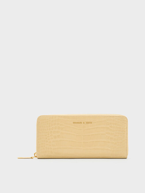 Croc-Embossed Zip-Around Long Wallet, Beige, hi-res