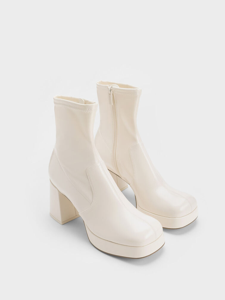 Patent Crinkle-Effect Block-Heel Boots, Beige, hi-res