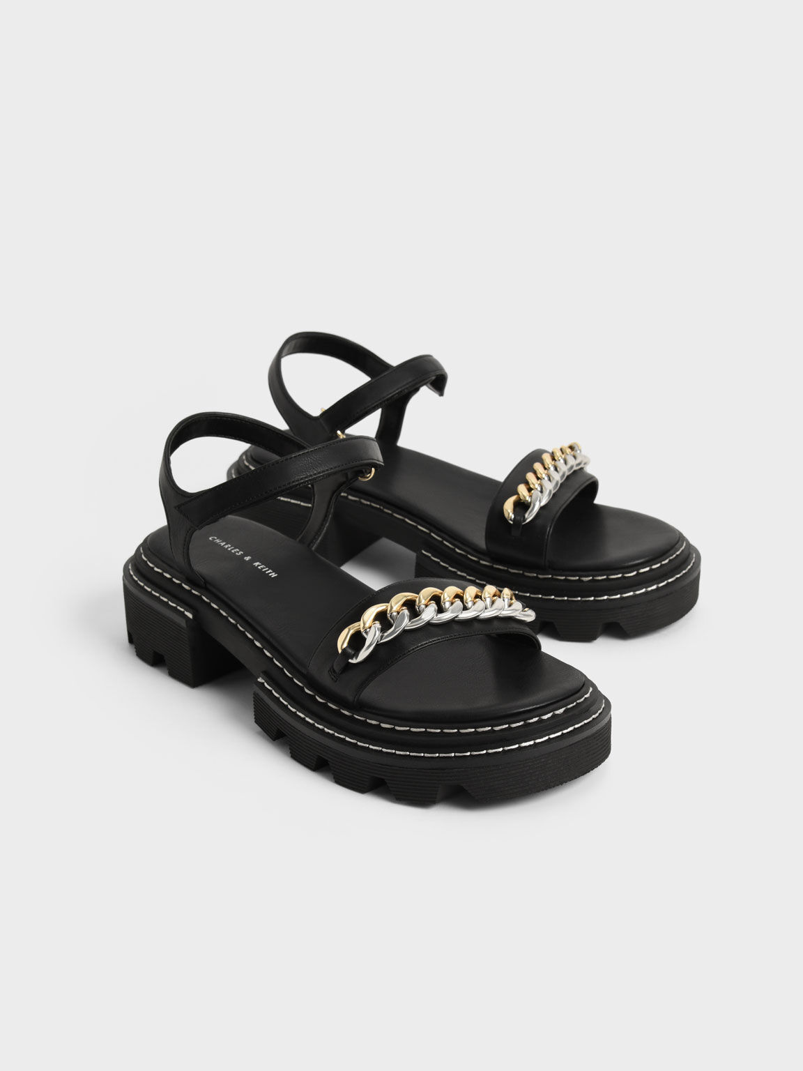 Chain-Link Contrast-Trim Sandals, Black, hi-res