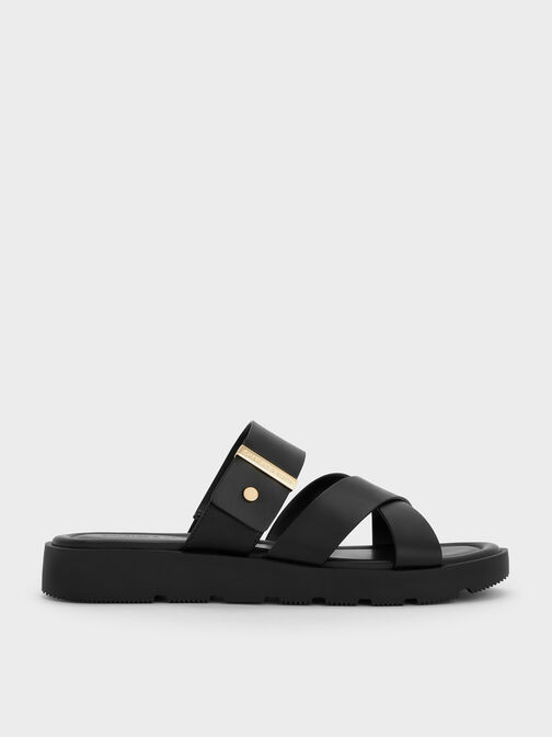 Metallic-Accent Crossover-Strap Slide Sandals, Black, hi-res