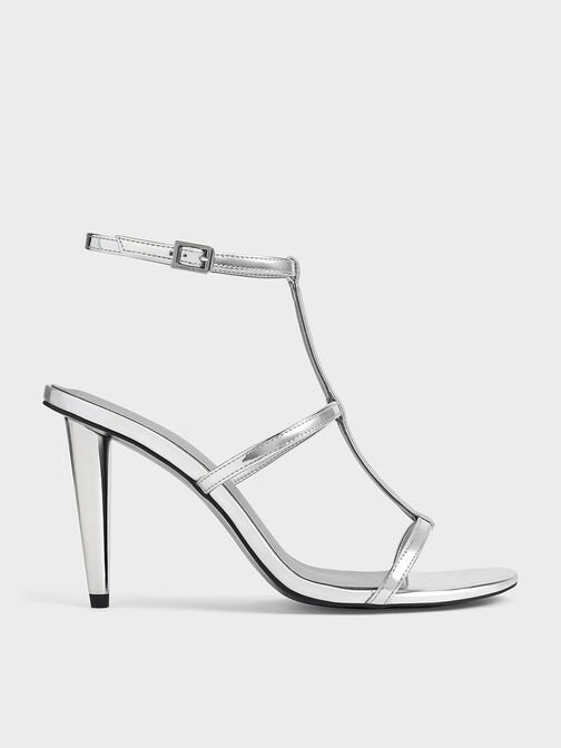 Metallic T-Bar Ankle-Strap Sandals, Silver, hi-res