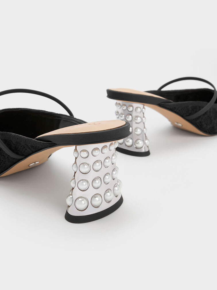 Crochet & Leather Beaded Heel Mules, Black, hi-res