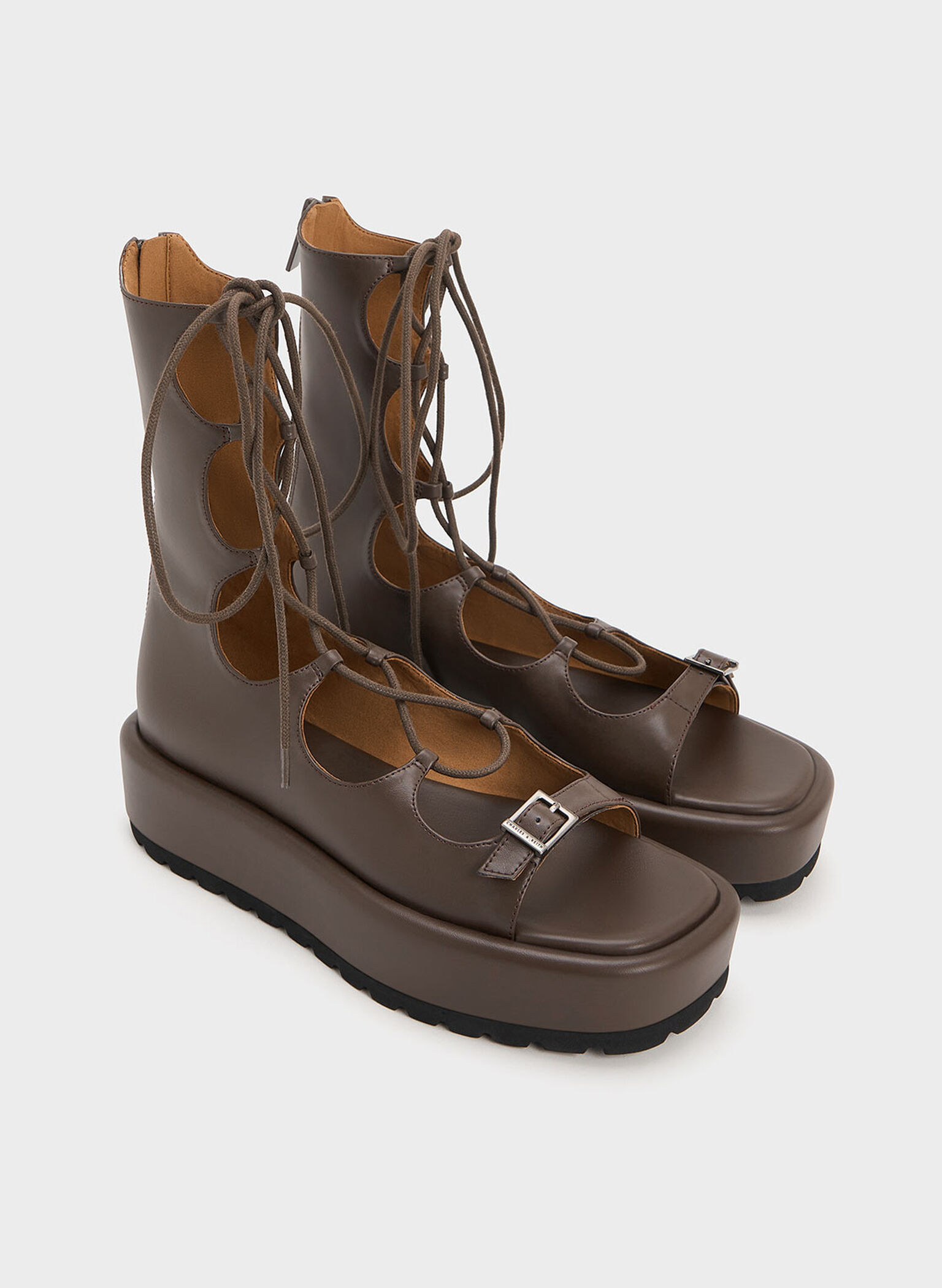 Sandalias tipo gladiador de plataforma con cordones, Marrón oscuro, hi-res