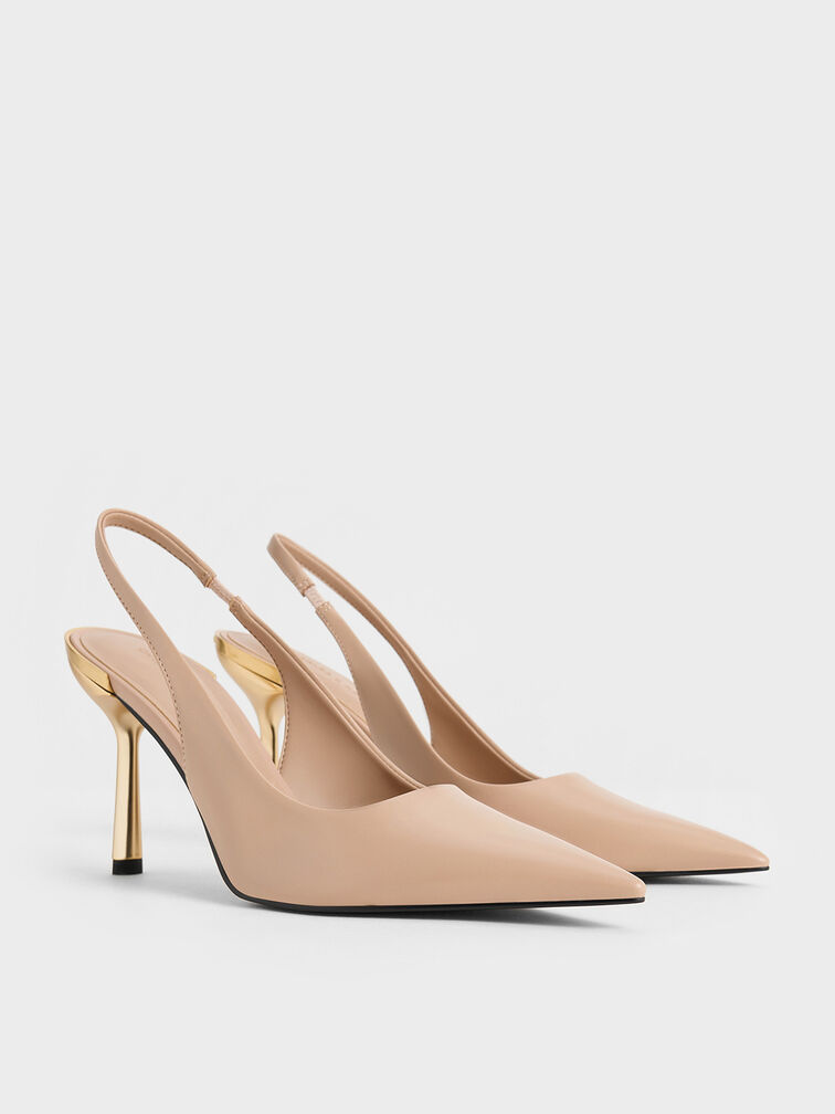 Zapatos destalonados metálicos de punta afilada con tacón de aguja, Nude, hi-res