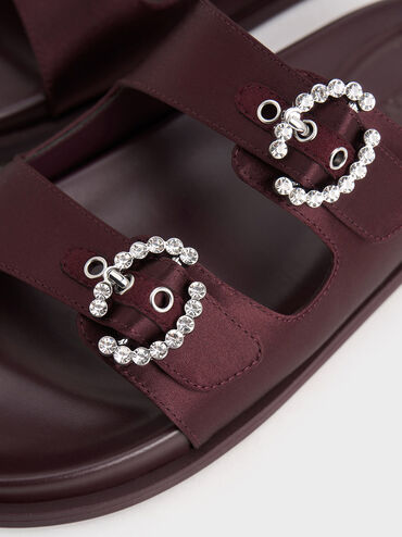 Recycled Polyester Embellished Buckle Sandals, Burgundy, hi-res