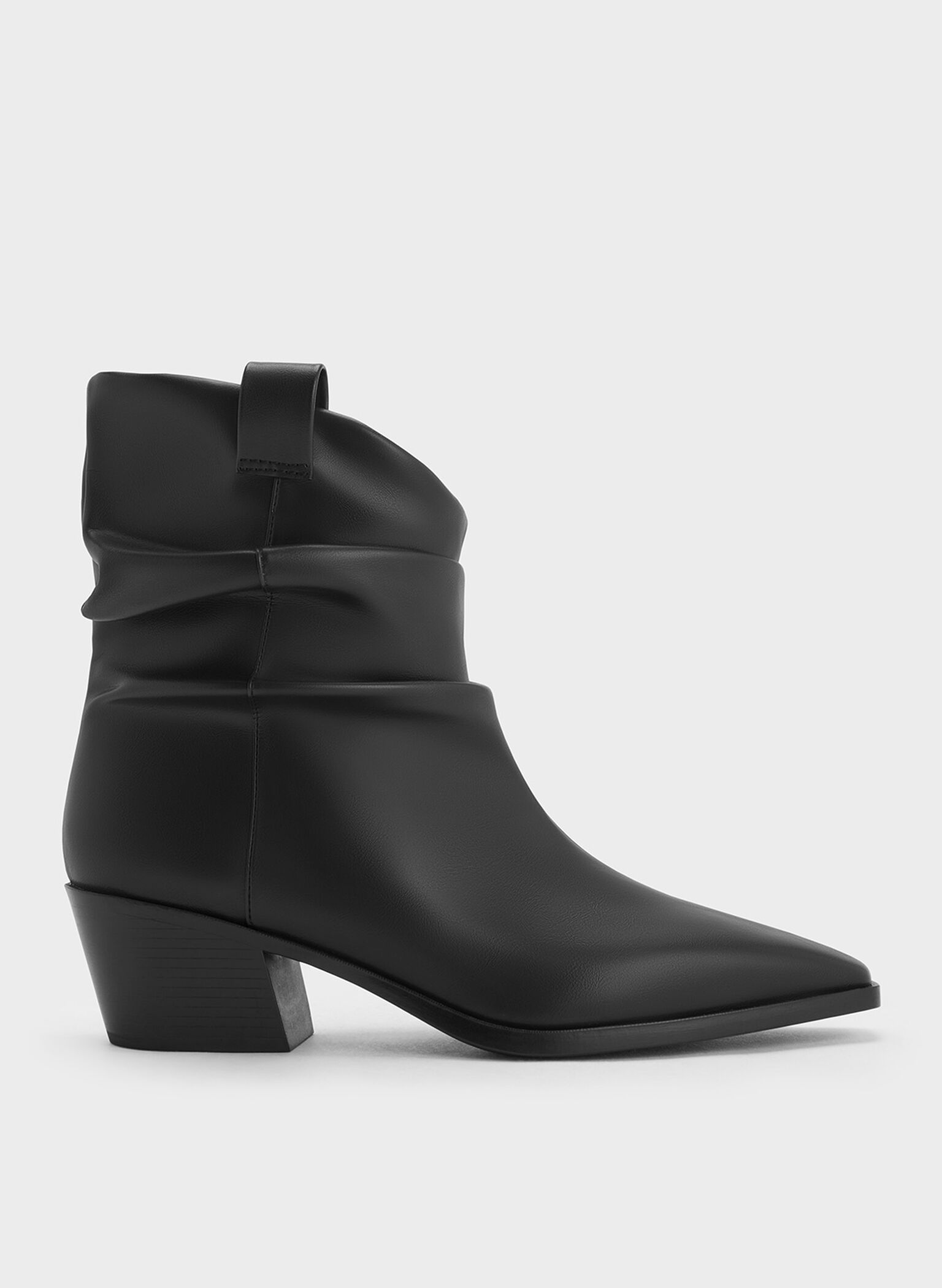 Ruched Almond-Toe Cowboy Ankle Boots, Black, hi-res