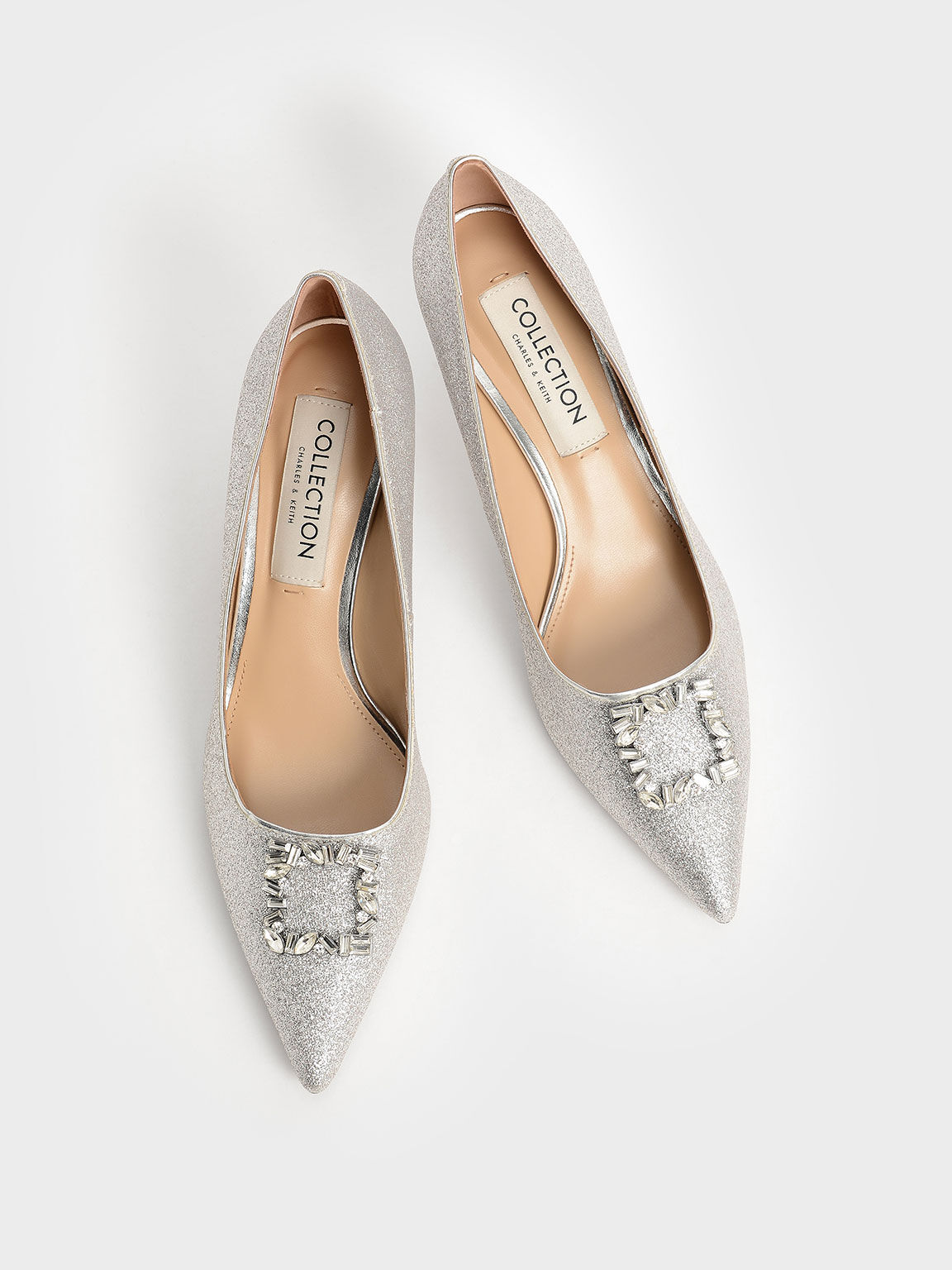 Glittered Gem-Embellished Kitten Heel Pumps, Silver, hi-res