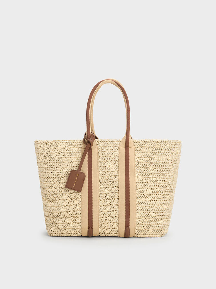 Striped Handles Raffia Tote Bag, Chocolate, hi-res