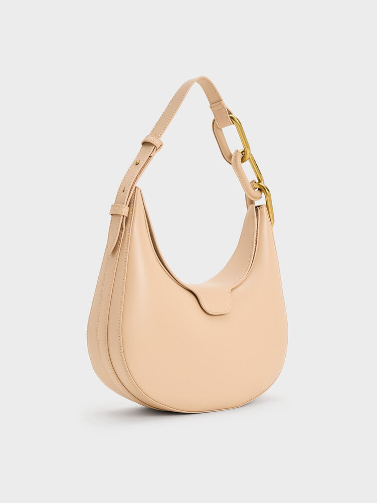 Bolso media luna Kora con detalles metálicos, Beige, hi-res